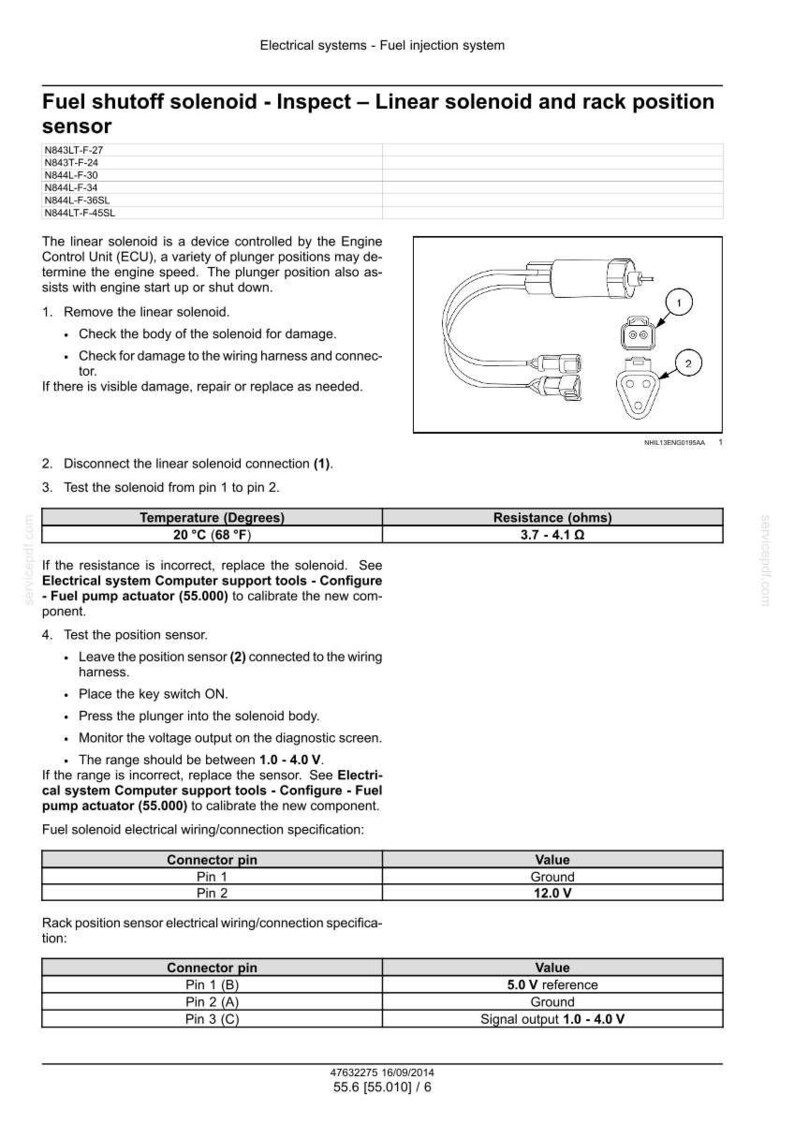 May include: Diagram of a fuel shutoff solenoid and rack position sensor. The image includes wiring diagrams, connector pin specifications, and voltage readings. Text includes instructions for inspection and testing.