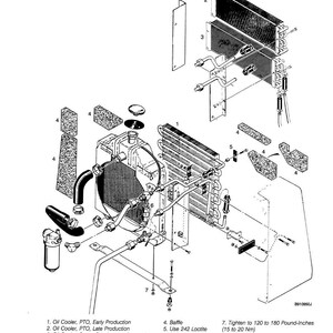 May include: An exploded diagram of an engine cooling system, featuring an oil cooler, baffle, and bypass valve. The diagram includes labels for each component and instructions for tightening to 120 to 180 pound-inches.