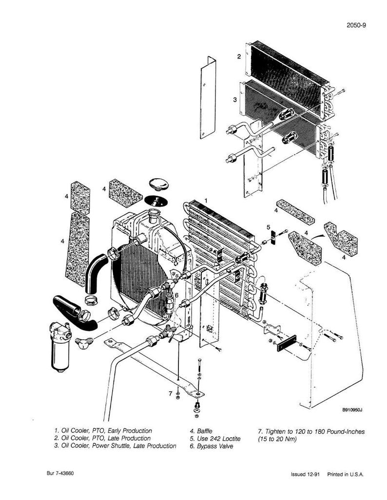 May include: An exploded diagram of an engine cooling system, featuring an oil cooler, baffle, and bypass valve. The diagram includes labels for each component and instructions for tightening to 120 to 180 pound-inches.