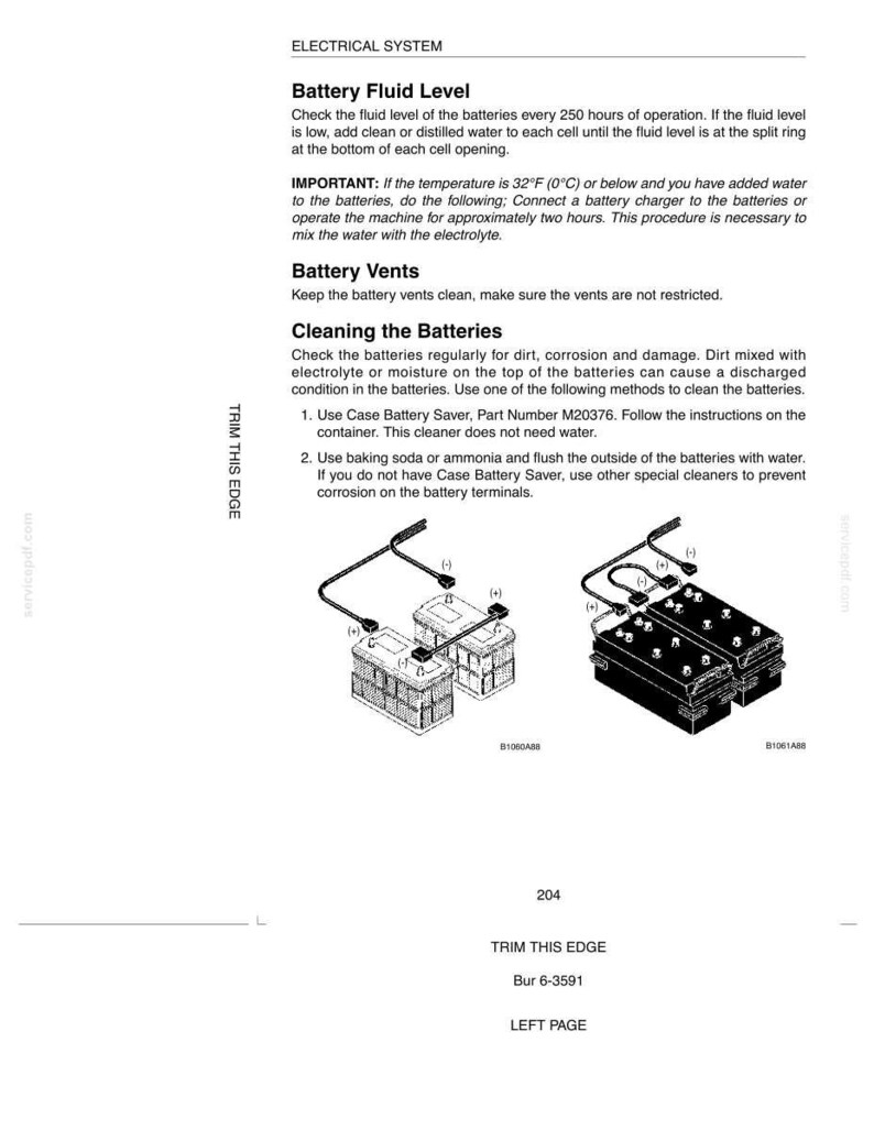 May include: Diagram from an electrical system manual showing battery maintenance instructions. Text includes "Battery Fluid Level", "Battery Vents", and "Cleaning the Batteries". Illustrations of batteries and wiring are also present.