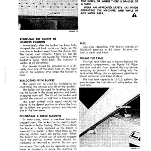 May include: A black and white technical manual page featuring Figure 14, a bucket level indicator with a pointer, and Figure 15, showing a fuel tank cap. The text provides safety instructions, fuel guidelines, and operational procedures for a loader.