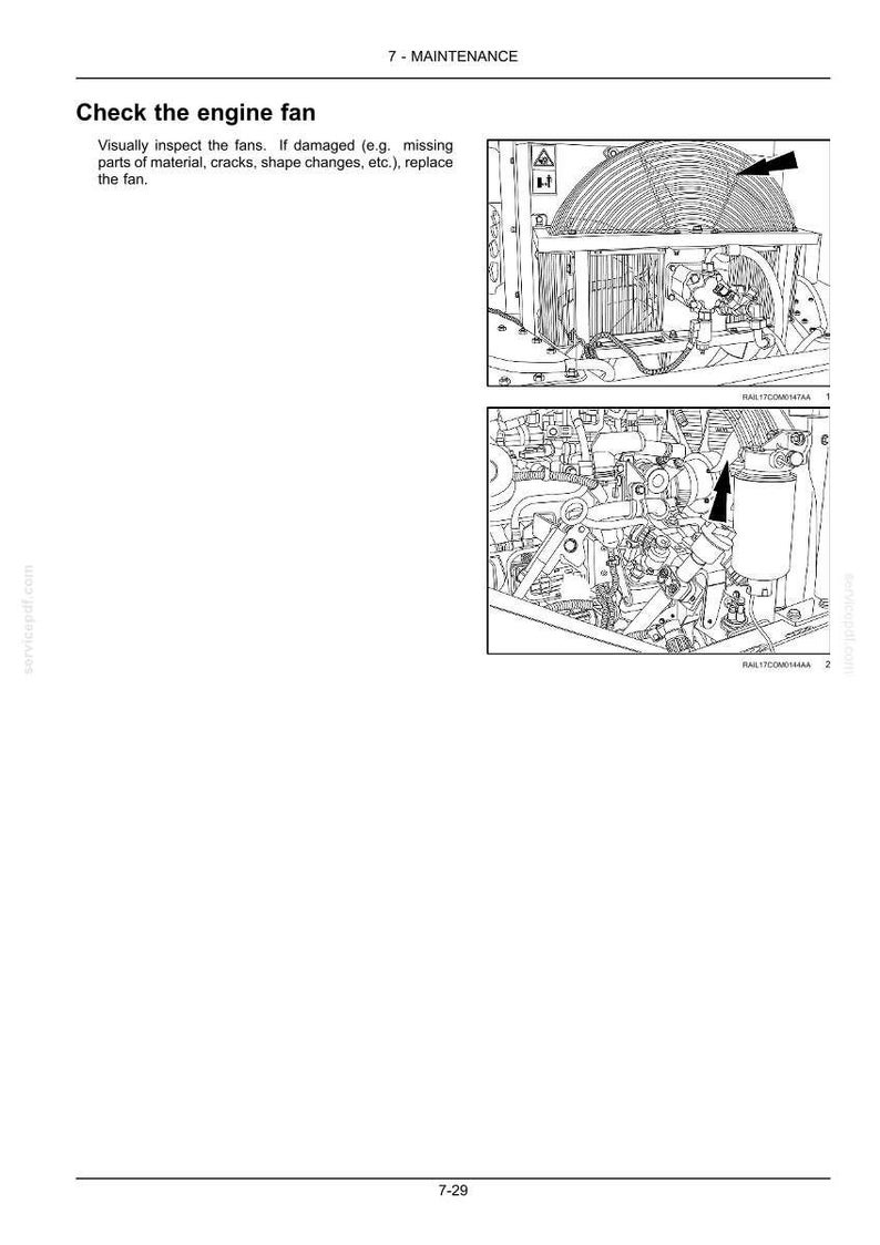 以下が含まれることがあります： エンジンファンと関連コンポーネントの図。画像には、ファンとエンジン部品の詳細なイラストが含まれており、検査する領域を指す矢印が付いています。テキストは、エンジンファンに損傷がないか確認するように指示しています。
