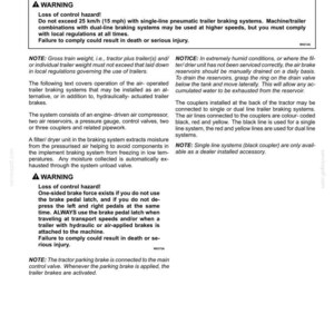 May include: A technical document page titled 6-WORKING OPERATIONS, detailing air-operated trailer braking systems. It includes safety warnings regarding loss of control hazards, speed limits of 15 mph, and instructions for manual drainage of air reservoirs.