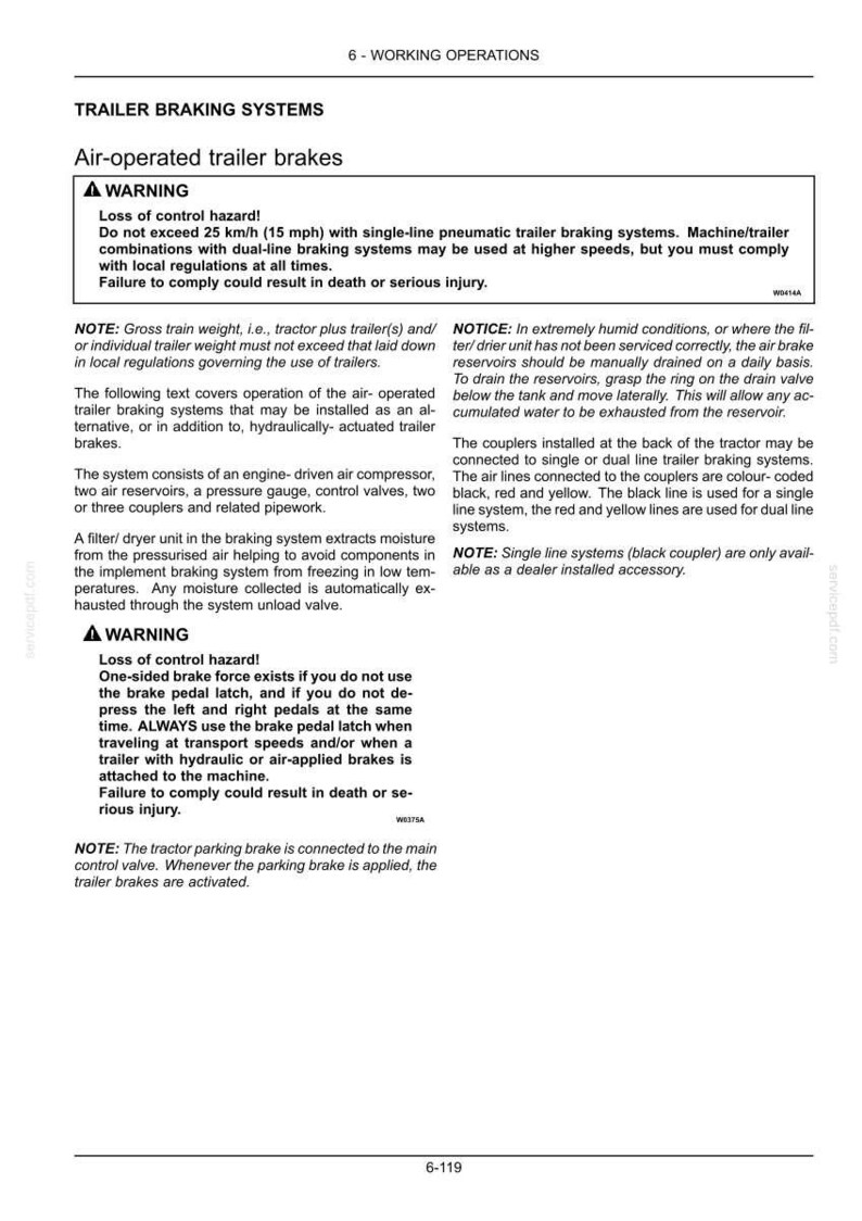 May include: A technical document page titled 6-WORKING OPERATIONS, detailing air-operated trailer braking systems. It includes safety warnings regarding loss of control hazards, speed limits of 15 mph, and instructions for manual drainage of air reservoirs.