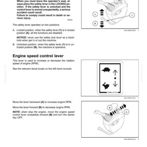 K&ouml;nnte beinhalten: Diagramm der Maschinenbedienelemente, einschlie&szlig;lich eines Sicherheitsverriegelungshebels und eines Motordrehzahlregelhebels. Der Sicherheitshebel hat verriegelte und entriegelte Positionen. Der Motordrehzahlregelhebel passt die RPM an.