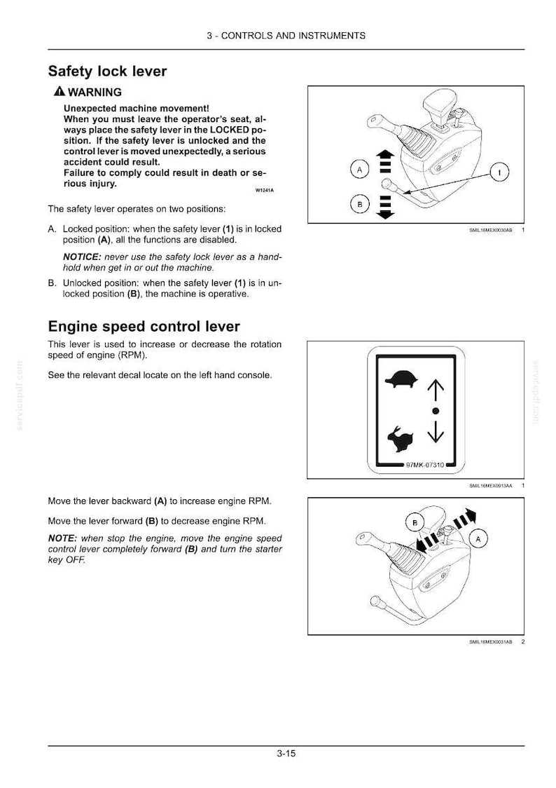 K&ouml;nnte beinhalten: Diagramm der Maschinenbedienelemente, einschlie&szlig;lich eines Sicherheitsverriegelungshebels und eines Motordrehzahlregelhebels. Der Sicherheitshebel hat verriegelte und entriegelte Positionen. Der Motordrehzahlregelhebel passt die RPM an.