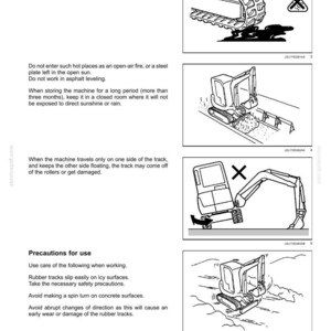 May include: Black and white diagrams illustrating operating instructions for a machine. The diagrams show warnings about oil contact, hot places, and storage. Additional diagrams show precautions for use, including icy surfaces and spin turns. Text includes "4 - OPERATING INSTRUCTIONS".