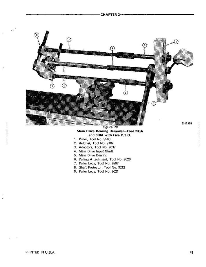 Op de afbeelding: Een technische tekening voor het verwijderen van het hoofdaandrijflager op een Ford 230A en 530A met aftakas. De afbeelding toont gelabelde componenten zoals een trekker, ratel en adapters. De tekst luidt "PRINTED IN U.S.A."