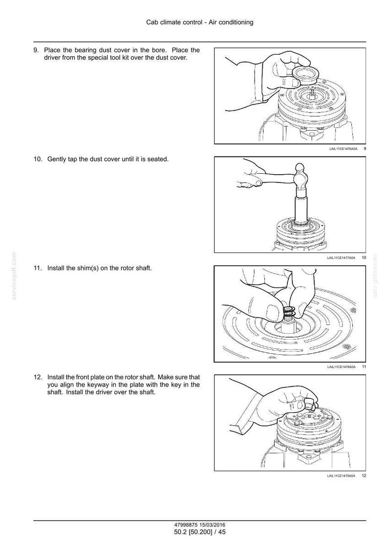 May include: Technical diagram illustrating the installation of air conditioning components. The image shows steps for installing a dust cover, tapping it, installing shims, and the front plate. The diagram includes text instructions and hand-drawn illustrations.