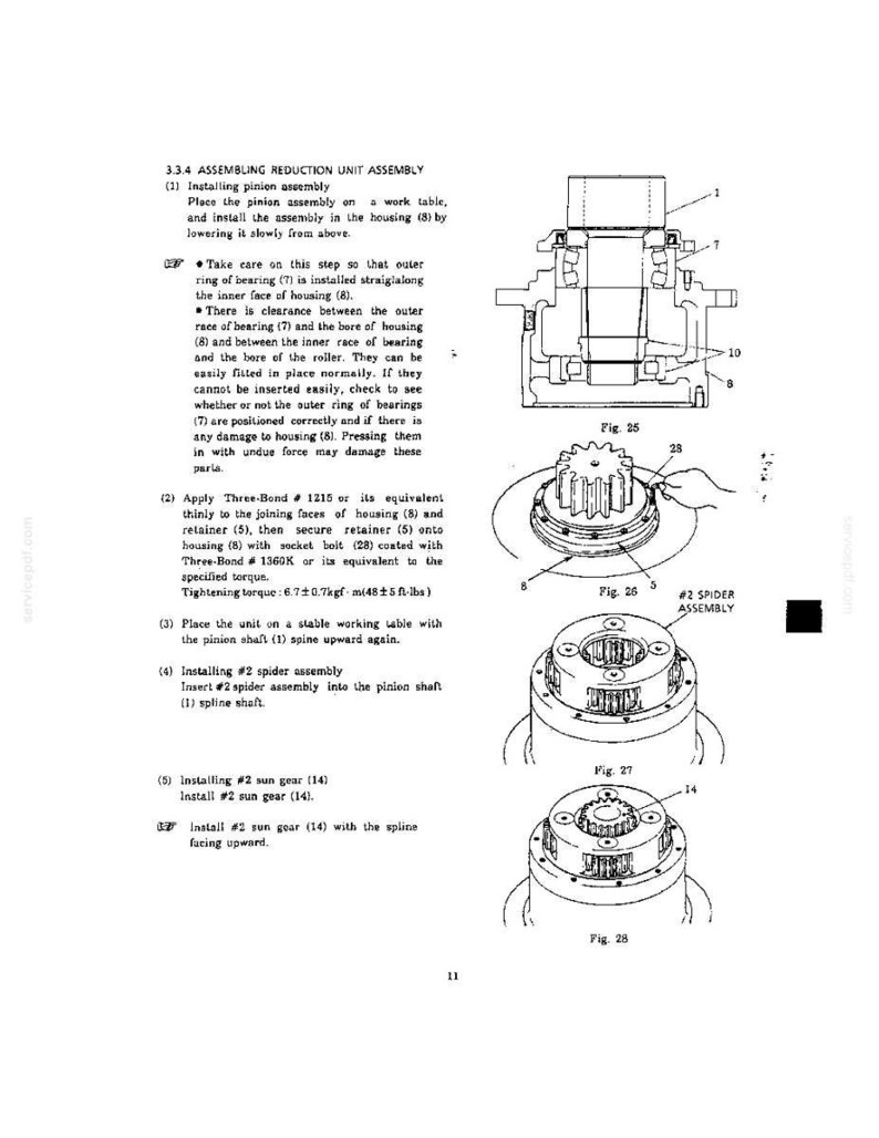 Puede incluir: Una p&aacute;gina de manual t&eacute;cnico titulada 3.3.4 ASSEMBLING REDUCTION UNIT ASSEMBLY, que presenta dibujos lineales en blanco y negro etiquetados como Fig. 25, 26, 27 y 28. Los diagramas ilustran componentes mec&aacute;nicos, incluyendo un conjunto de pi&ntilde;&oacute;n, carcasa y conjunto de ara&ntilde;a con piezas numeradas y texto instructivo.