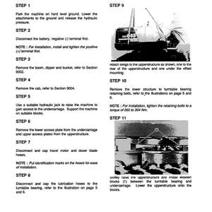 May include: Technical manual page with instructions for turntable bearing removal and installation. Features diagrams and numbered steps for machinery maintenance, including safety advice and torque specifications.