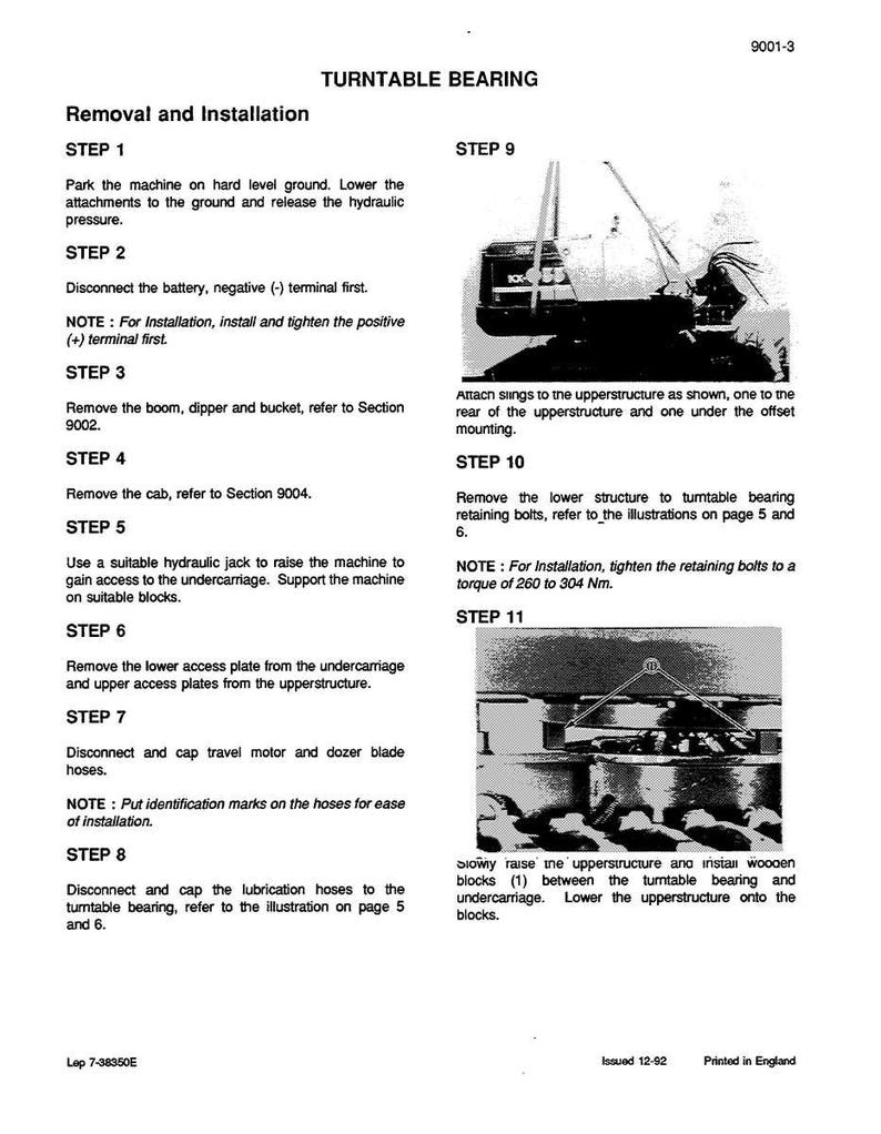 May include: Technical manual page with instructions for turntable bearing removal and installation. Features diagrams and numbered steps for machinery maintenance, including safety advice and torque specifications.