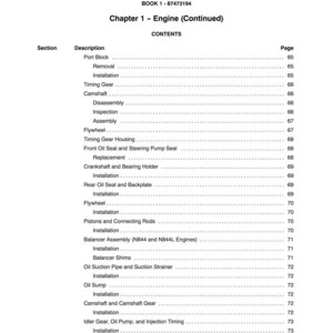 May include: A page from a manual titled "SECTION 10 - ENGINE" with a table of contents. The table lists engine components such as "Timing Gear," "Camshaft," and "Flywheel," along with page numbers. The text is black on a white background.