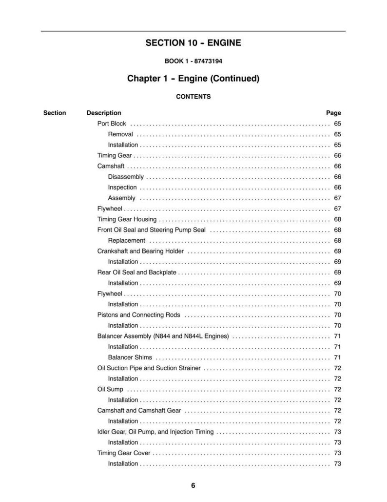 May include: A page from a manual titled "SECTION 10 - ENGINE" with a table of contents. The table lists engine components such as "Timing Gear," "Camshaft," and "Flywheel," along with page numbers. The text is black on a white background.