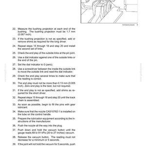 May include: Technical document with instructions for track and track suspension. Includes diagrams and steps for checking spacing, measuring bushing projection, and using a dial indicator. Measurements are in inches and millimeters.