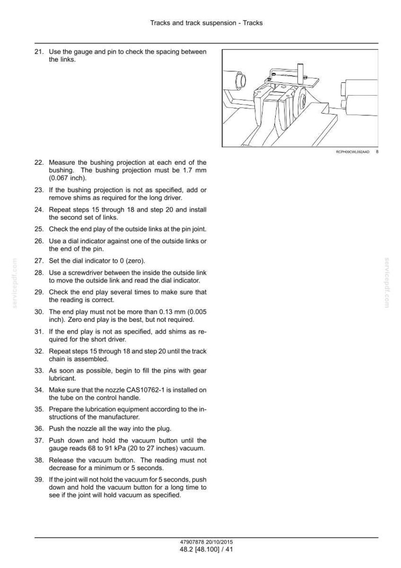May include: Technical document with instructions for track and track suspension. Includes diagrams and steps for checking spacing, measuring bushing projection, and using a dial indicator. Measurements are in inches and millimeters.