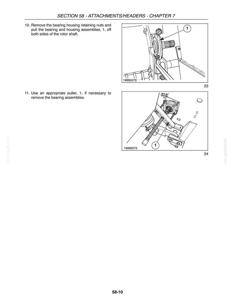 May include: A technical manual page titled SECTION 58 - ATTACHMENTS/HEADERS - CHAPTER 7. It features two black and white line drawings showing the removal of bearing housing assemblies from a rotor shaft using a puller tool, labeled 1.