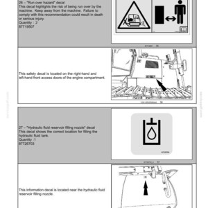 Puede incluir: Una p&aacute;gina de documento t&eacute;cnico titulada 2-SAFETY INFORMATION que muestra dos calcoman&iacute;as de seguridad. La primera muestra una advertencia de riesgo de atropello con un icono de m&aacute;quina y persona. La segunda muestra un icono de boquilla de llenado.