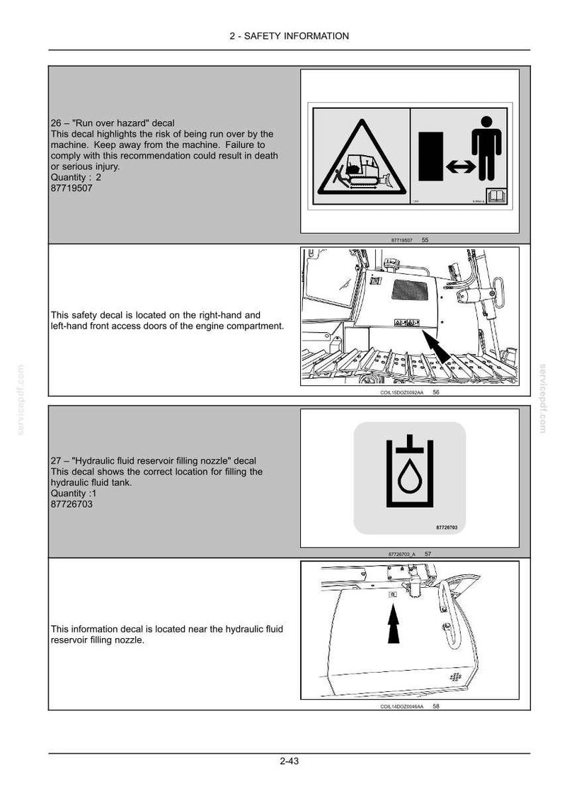 Puede incluir: Una p&aacute;gina de documento t&eacute;cnico titulada 2-SAFETY INFORMATION que muestra dos calcoman&iacute;as de seguridad. La primera muestra una advertencia de riesgo de atropello con un icono de m&aacute;quina y persona. La segunda muestra un icono de boquilla de llenado.
