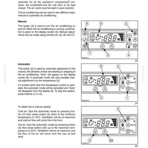 May include: Diagram of a car's air conditioning control panel with buttons and a digital display. The panel includes buttons for temperature, fan speed, and mode selection, with text labels and symbols.