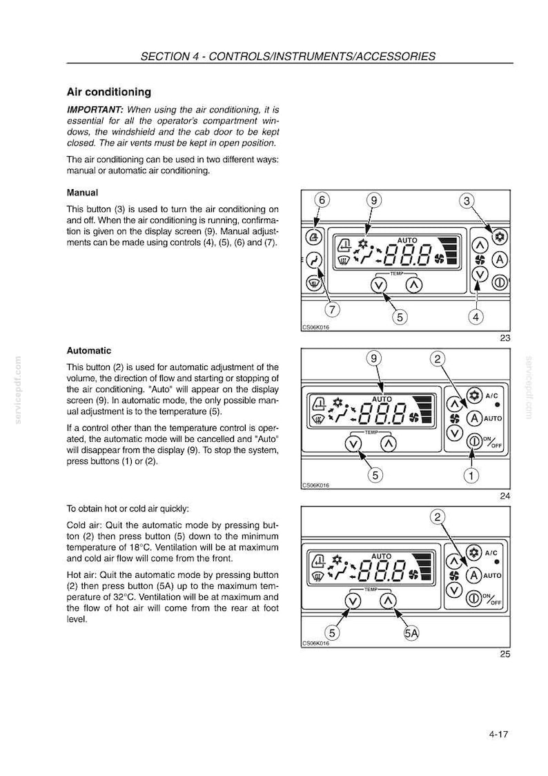 May include: Diagram of a car's air conditioning control panel with buttons and a digital display. The panel includes buttons for temperature, fan speed, and mode selection, with text labels and symbols.
