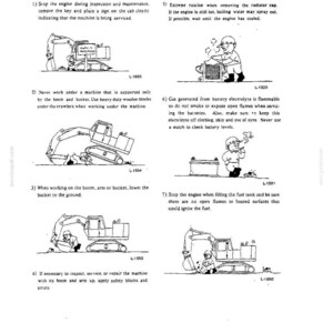 May include: A black and white technical document page titled 3. SAFETY PRECAUTIONS FOR PREVENTIVE MAINTENANCE. It features seven numbered instructional points with cartoon illustrations depicting heavy machinery safety procedures and worker protocols.