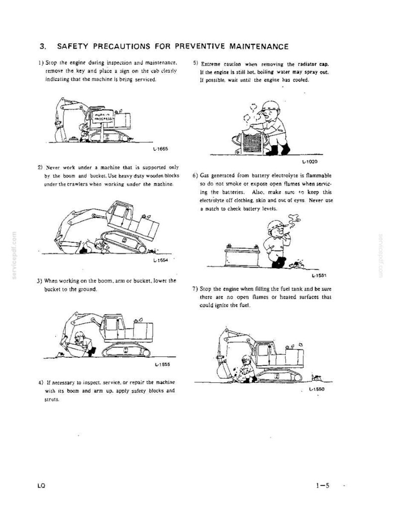 May include: A black and white technical document page titled 3. SAFETY PRECAUTIONS FOR PREVENTIVE MAINTENANCE. It features seven numbered instructional points with cartoon illustrations depicting heavy machinery safety procedures and worker protocols.