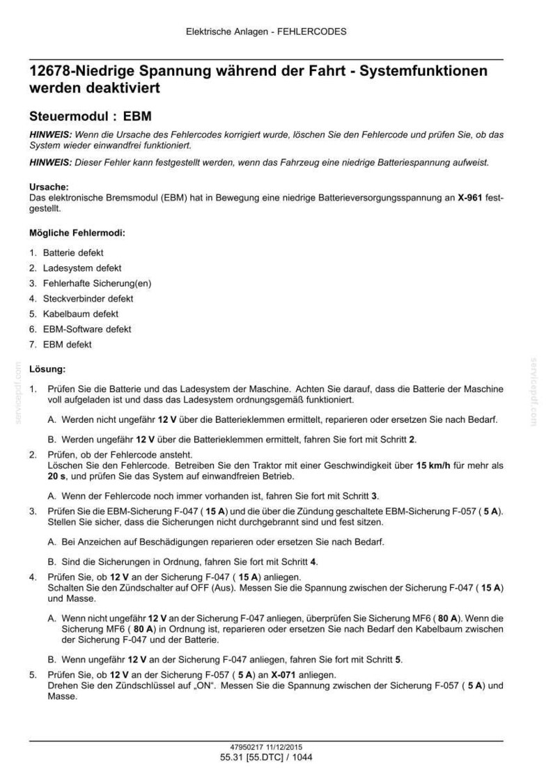 May include: A technical document titled Elektrische Anlagen - FEHLERCODES detailing error code 12678 regarding low voltage during operation. The text outlines causes, potential failure modes, and troubleshooting steps for the EBM control module.