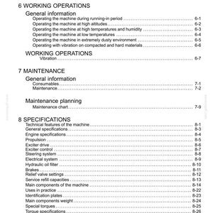 Puede incluir: P&aacute;gina de un manual con t&iacute;tulos como &laquo;Operaciones de trabajo&raquo; y &laquo;Especificaciones&raquo;. El texto incluye secciones sobre mantenimiento, especificaciones del motor y sistemas el&eacute;ctricos. Documento blanco con texto negro.
