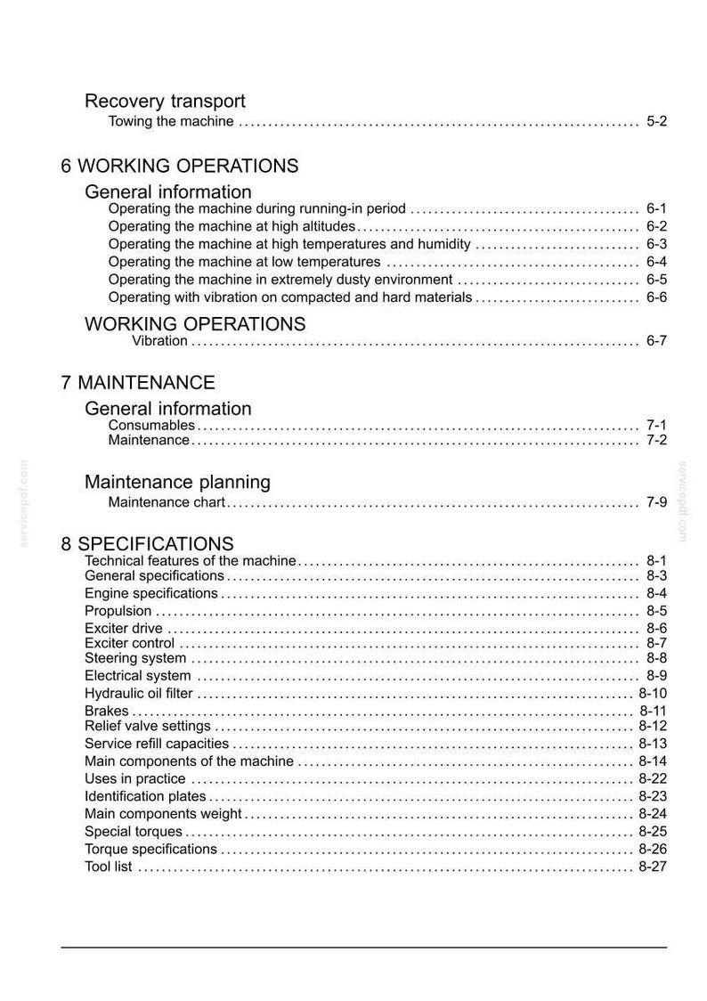 Puede incluir: P&aacute;gina de un manual con t&iacute;tulos como &laquo;Operaciones de trabajo&raquo; y &laquo;Especificaciones&raquo;. El texto incluye secciones sobre mantenimiento, especificaciones del motor y sistemas el&eacute;ctricos. Documento blanco con texto negro.