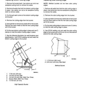 May include: Technical diagram for high capacity and bellhole buckets, detailing the replacement of bottom and side cutting edges. Includes illustrations, measurements in inches, and welding specifications for bucket repair.
