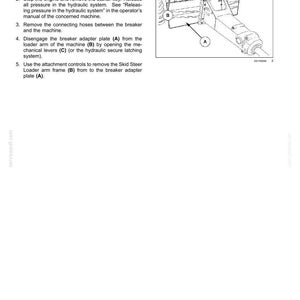 May include: Diagram illustrating the process of removing a skid steer loader. The image includes labels A, B, and C, pointing to different parts of the machinery. Text instructions accompany the diagram, detailing the steps for disassembly.