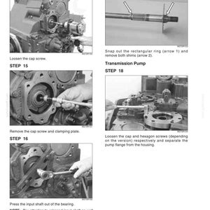 May include: A technical manual page titled 6003-8 Input Shaft and Transmission Pump, featuring five black and white instructional photographs detailing mechanical disassembly steps 14 through 18 with accompanying text descriptions for each.