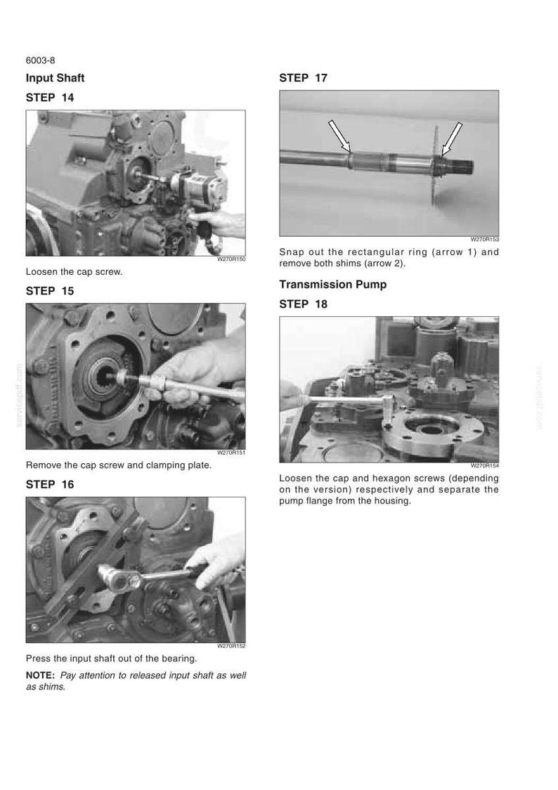 May include: A technical manual page titled 6003-8 Input Shaft and Transmission Pump, featuring five black and white instructional photographs detailing mechanical disassembly steps 14 through 18 with accompanying text descriptions for each.