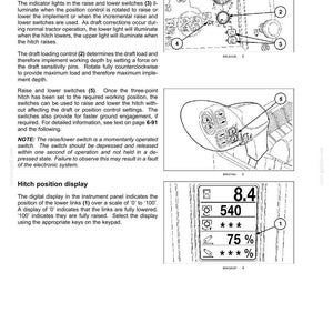 May include: A technical manual page titled 6-WORKING OPERATIONS featuring black and white line drawings of tractor control components, including numbered diagrams of switches, dials, and a digital display showing values like 8.4, 540, and 75%.