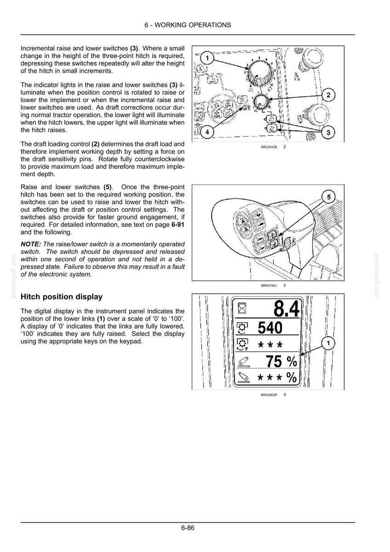 May include: A technical manual page titled 6-WORKING OPERATIONS featuring black and white line drawings of tractor control components, including numbered diagrams of switches, dials, and a digital display showing values like 8.4, 540, and 75%.