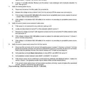 May include: A technical document page titled FIELD PROCESSING - SEEDING Electronic system, containing numbered instructions for troubleshooting sensor power sources, voltage measurements between 6.5 and 8.0 volts, and wiring diagnostics.