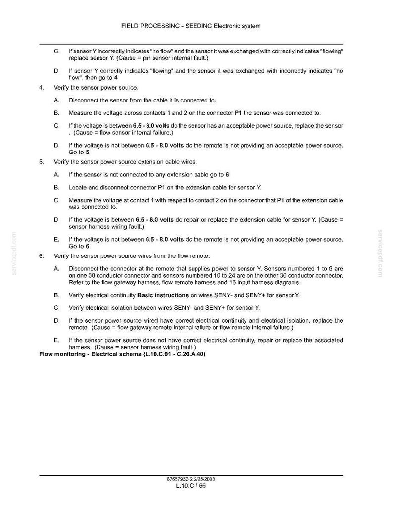 May include: A technical document page titled FIELD PROCESSING - SEEDING Electronic system, containing numbered instructions for troubleshooting sensor power sources, voltage measurements between 6.5 and 8.0 volts, and wiring diagnostics.