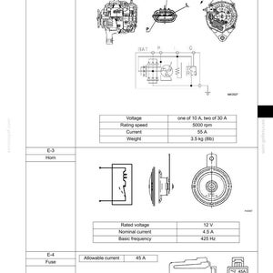 Op de afbeelding: Een technische documentpagina getiteld 24. SYSTEMS COMPONENTS met diagrammen en specificaties voor een E-2 generator, E-3 claxon en E-4 zekering. De generator vermeldt 55 A en 3,5 kg. De claxon vermeldt 12 V en 425 Hz. De zekering is 45 A.