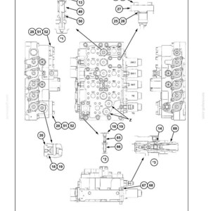 Pode incluir: Diagrama t&eacute;cnico da v&aacute;lvula de controle principal de um sistema hidr&aacute;ulico, com componentes rotulados e chamadas. A ilustra&ccedil;&atilde;o mostra as pe&ccedil;as e suas conex&otilde;es. Medidas em polegadas, com o equivalente em cm.