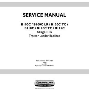 May include: A white service manual cover with black text. The title "SERVICE MANUAL" is at the top. Below are model numbers and "Stage IIIB Tractor Loader Backhoe." The New Holland Construction logo is at the bottom.