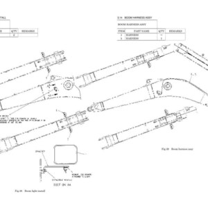 May include: A technical line drawing illustrating the boom light installation and boom harness assembly. The diagram includes two parts tables, detailed schematics of mechanical components, and labels such as Boom Light Install and Boom Harness Assy.