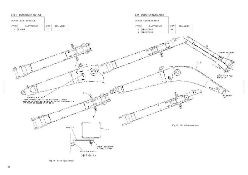 May include: A technical line drawing illustrating the boom light installation and boom harness assembly. The diagram includes two parts tables, detailed schematics of mechanical components, and labels such as Boom Light Install and Boom Harness Assy.