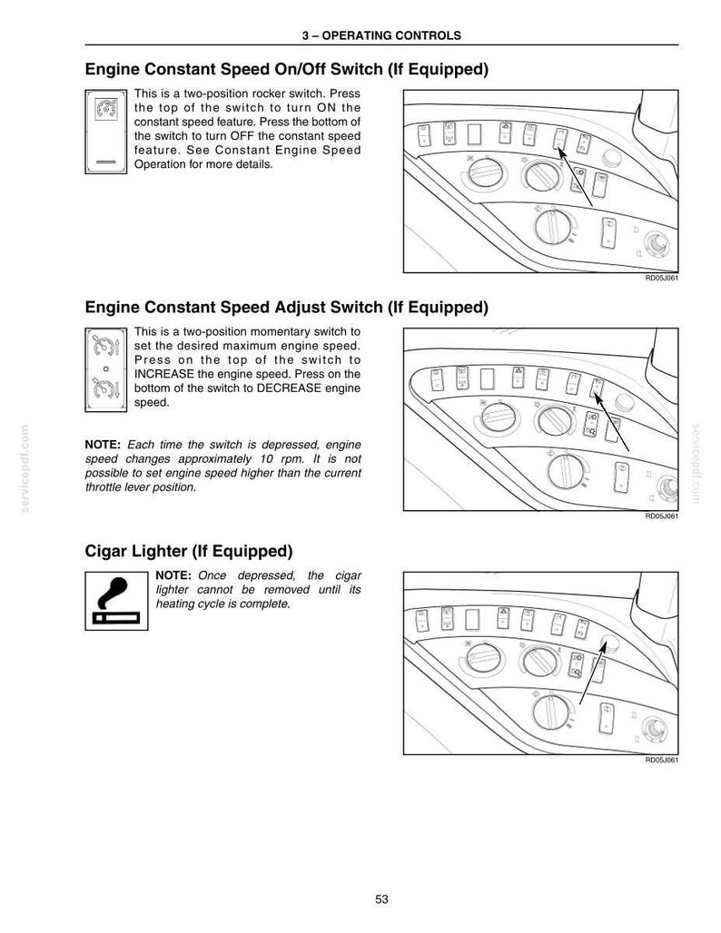 May include: A technical manual page titled 3-OPERATING CONTROLS featuring black and white diagrams of a vehicle control panel. It illustrates the Engine Constant Speed On/Off Switch, Engine Constant Speed Adjust Switch, and Cigar Lighter.