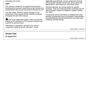 May include: A technical document page titled Introduction for the 480FI rotary harvesting unit. It includes a foreword, safety alert symbol, and version date of 01 August 2011. The text outlines repair manual guidelines for experienced technicians.