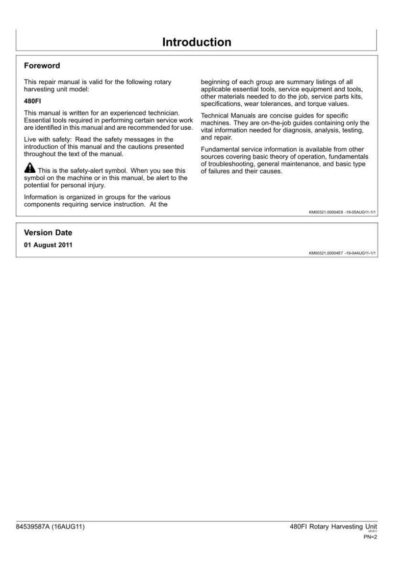 May include: A technical document page titled Introduction for the 480FI rotary harvesting unit. It includes a foreword, safety alert symbol, and version date of 01 August 2011. The text outlines repair manual guidelines for experienced technicians.
