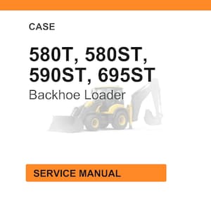 May include: Image of a service manual for CASE backhoe loaders. The text includes model numbers 580T, 580ST, 590ST, and 695ST. The image also features a yellow and black backhoe loader illustration.