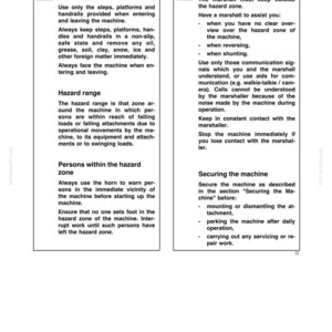 May include: A page from an operating instructions manual, titled "OPERATING INSTRUCTIONS RH 6.5". The text details safety procedures for machinery, including entering/leaving, hazard zones, and marshaller instructions. The document includes warnings and safety guidelines.