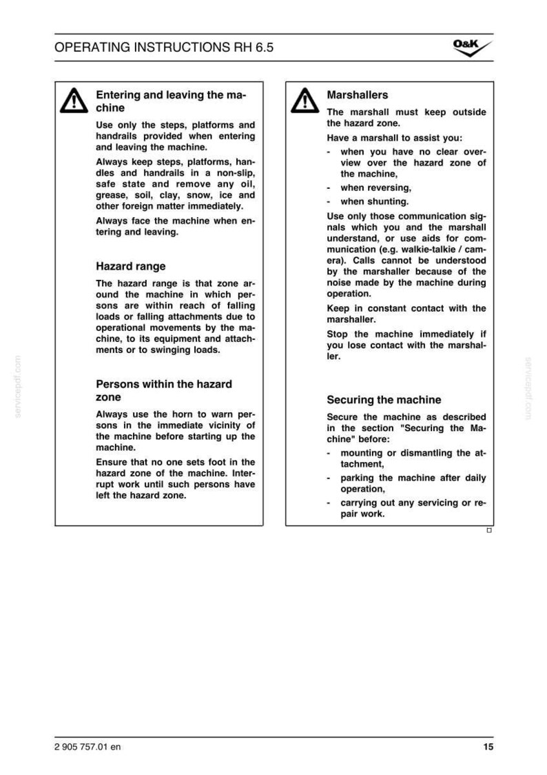 May include: A page from an operating instructions manual, titled "OPERATING INSTRUCTIONS RH 6.5". The text details safety procedures for machinery, including entering/leaving, hazard zones, and marshaller instructions. The document includes warnings and safety guidelines.