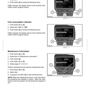 Op de afbeelding: Diagram van een bedieningspaneel met een zwart scherm en knoppen genummerd 1 tot 4. Het scherm toont instellingen voor taal, onderhoud en brandstofverbruik. De afbeelding komt uit een handleiding.